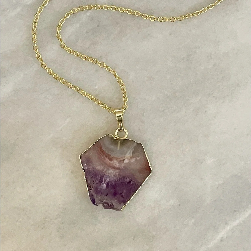 Hexagonal Amethyst Slice Pendant Necklace - Picture 3 of 9